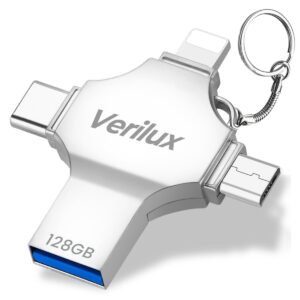 Verilux® Pendrive 128GB 4 in 1 Flash Drive with Light-ning, Micro USB, USB A, Type-C Interface Mini Hangable PenDrive for iOS & Android Compatible with iPhone, iPad, Android, PC and More Devices