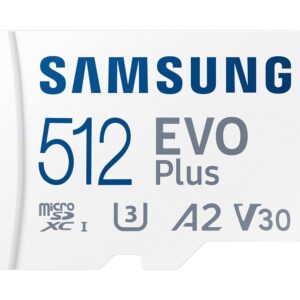 SAMSUNG EVO Plus 512GB Micro SDXC w/SD Adaptor, Up-to 160MB/s, Expanded Storage for Gaming Devices, Android Tablets and Smart Phones, Memory Card, MB-MC512SA/IN