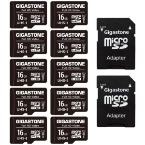 [Gigastone] 16GB Micro SD Card 10 Pack, Full HD Video, Surveillance Security Cam Action Camera Drone, 85MB/s Micro SDHC Class 10, with Adapter