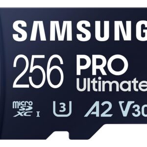 SAMSUNG PRO Ultimate microSD Memory Card + Adapter, 256GB microSDXC, Up to 200 MB/s, 4K UHD, UHS-I, Class 10, U3,V30, A2 for Action Camera, Drone, Gaming, Phones, Tablets, MB-MY256SA/WW