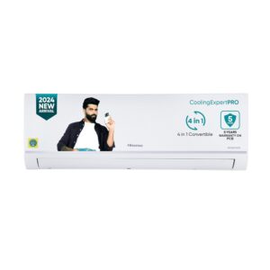 Hisense 1.5 Ton 3 star Inverter Split AC(Copper, 4-in-1 Convertible with Intelligent 4 modes, PM 2.5 filter, Anti corrosion, Self Clean, 2024 Model, AS-18TR4R3BP1, White with Chrome Deco Strip)