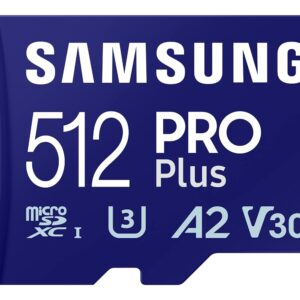 SAMSUNG PRO Plus microSD Memory Card + Adapter, 512GB MicroSDXC, Up to 180 MB/s, Full HD & 4K UHD, UHS-I, C10, U3, V30, A2 for Android Phones, Tablets, Action Camera, Drone, MB-MD512SA/APC