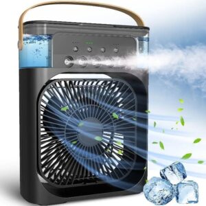 One94Store Portable Humidifier Air Cooler Mist Fan Mini Cooler for Home with 3 Speed Mode with Water Spray, 7 Color LED and Timer, USB Personal Cooler Desk Fan for Shop, Office, Kitchen (Black)