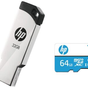 HP 64GB Class 10 MicroSD Memory Card (HP-MSDCWAU1-64GB) & v236w 32GB USB 2.0 Pen Drive, Grey