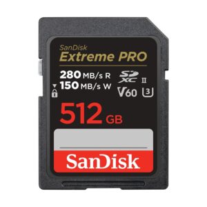 SanDisk Extreme PRO 512GB V60 UHS-II SD Cards, 280/150MB/s,V60,C10,UHS-II, for 6K Video Recording